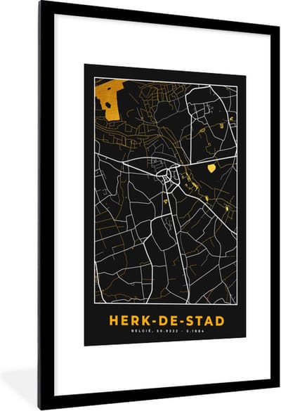 Fotolijst incl. Poster - Herk-de-Stad - Plattegrond - Kaart - Goud - Stadskaart - 60x90 cm - Posterlijst