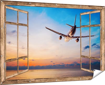 Gards Tuinposter Doorkijk Vliegtuig Boven de Zee bij Zonsondergang - 180x120 cm - Tuindoek - Tuindecoratie - Wanddecoratie buiten - Tuinschilderij
