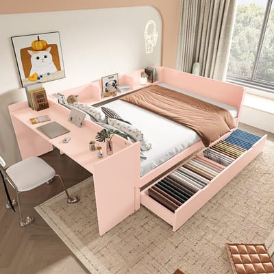 STILVORA Tweepersoonsbed 140x200cm – Bed met Bureau & 2 Opbergladen – 3 Planken – Compacte Opstelling – Grenenhout+Spaanplaat – Roze – Zonder matras