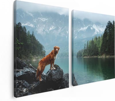 Artaza Canvas Schilderij Tweeluik Retriever Hond Bij Het Water In De Bergen - 120x80 - Foto Op Canvas - Canvas Print