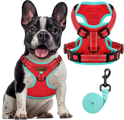 Famanu – Anti-trek hondenharnas met frontbevestiging, reflecterend en verstelbaar voor kleine en middelgrote honden, rood, maat L