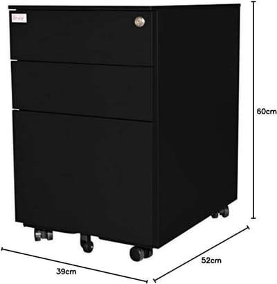 Rolcontainer Metaal - Ladeblok Mobiel - Kantoor Organisatie - Afsluitbaar 3 Laden - 39x52x60 cm - Zwart