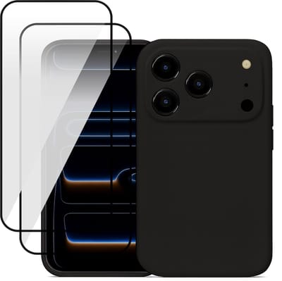 Hoesje geschikt voor iPhone 17 Pro - 2x Screenprotector Volledig Dekkend Glas - Mat Back Case Zwart