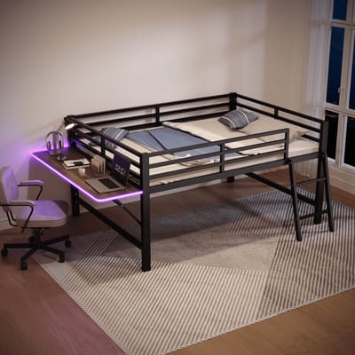 VVBV Half Hoogslaper 140x200 cm – Metalen Bed met Inklapbaar Bureau - Tweepersoonsbed met Uitvalbeveiliging en LED Verlichting - Zwart