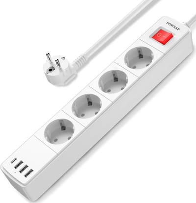 Stekkerdoos met 4 Stopcontacten en 4 USB-poorten (incl. USB-C), 4000W, Wit