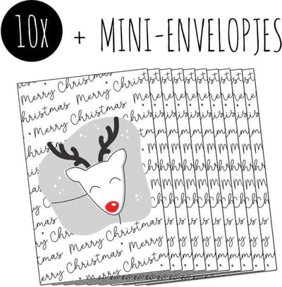 10x Kerst Minikaartjes + Mini-envelopjes | MERRY CHRISTMAS | Rudolph | kleine kaartjes met kraft enveloppen