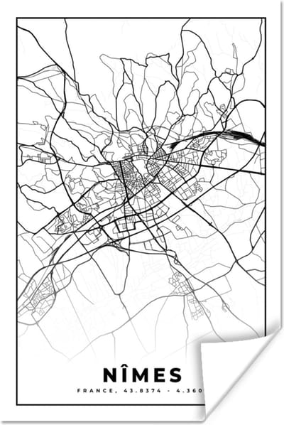 Poster Plattegrond - Nîmes - Kaart - Frankrijk - Stadskaart - Zwart wit - 120x180 cm XXL