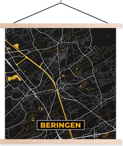 Posterhanger incl. Poster 40x40 cm - Schoolplaat - Kaart - Black & gold - Beringen - Plattegrond - Stadskaart - Textielposter - Blanke latten - Stadskaart