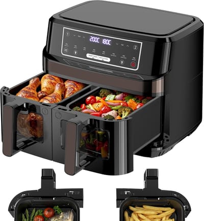 10L Airfryer - Heteluchtfriteuse - 2 Kamers - Dubbele Zone Airfryer - Kijkvenster - 8-in-1 Heteluchtfriteuse - Touch Bediening - Tot 200°C - 2600W - Aparte Temperatuurinstelling - Dubbele Kamer Airfryer