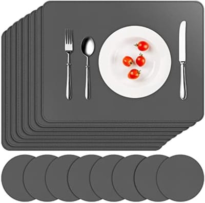 Set van 8 Placemats en Onderzetters - Waterdichte Tafelmatten van Kunstleer - Antislip en Wasbaar - Geschikt voor Keuken, Restaurant en Thuisgebruik - 41 x 31 cm - Grijs