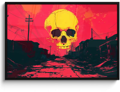 Poster in lijst - Fotolijst 120x80 cm - Posters - Straat - Verlaten - Schedel - Geel - Posterlijst zwart - Decoratie - Wanddecoratie woonkamer - Muurdecoratie slaapkamer