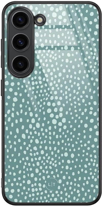 Hoesje geschikt voor Samsung Galaxy S23 - Blue dots - Luxe Glazen Hardcase - Gestipt - Blauw