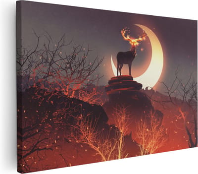 Artaza Canvas Schilderij Hertenkop Met Gewei - 30x20 cm - Klein - Muurdecoratie Vuur - Wanddecoratie Maan - Schilderijen Op Canvas