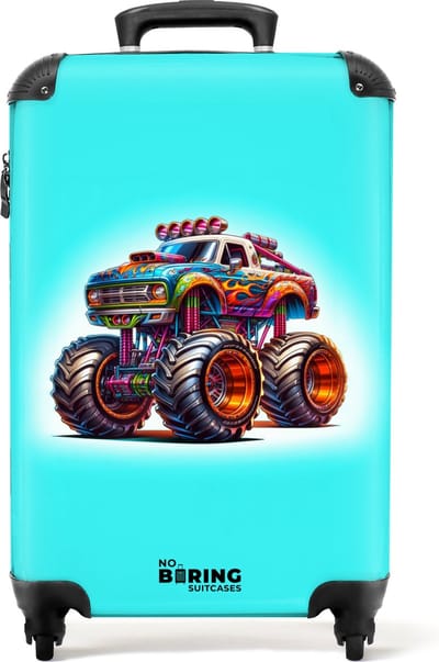 NoBoringSuitcases.com - Kinderkoffer - Illustratie van een monstertruck - Past binnen 55x40x20 cm en 55x35x25 cm - Handbagage - Trolley op wieltjes - Reiskoffer met wielen - Rolkoffer - Kindertrolley jongen - Koffer kinderen