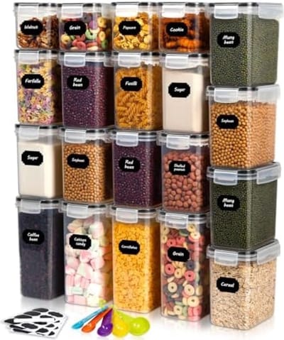 Dailygoods- Opbergdozen Set van 20 - Luchtdichte Opbergdozen met Deksel - BPA Vrij - Opbergdozen met Labels - Keuken Organizer - Inclusief 5 Maatlepels - Opslagcontainers