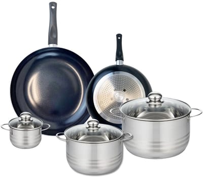 Set van 2 Koekenpannen 24 en 32 cm en 3 kookpotten 12, 20 en 24 cm Elo Prima Glanzend