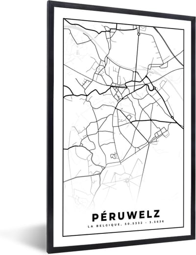 Fotolijst incl. Poster Zwart Wit- Plattegrond – Péruwelz – Zwart Wit – Stadskaart - Kaart - België - 40x60 cm - Posterlijst
