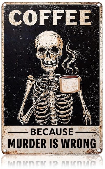 Dailygoods- Metalen Bord Vintage Doodshoofd - Wanddecoratie - Koffie Motto - 20 x 30 cm - Voor Keuken/Café - Tuin/Balkon - Wandbord