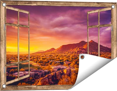 Gards Tuinposter Doorkijk Woestijn Landschap met Zonsondergang - 60x40 cm - Tuindoek - Tuindecoratie - Wanddecoratie buiten - Tuinschilderij