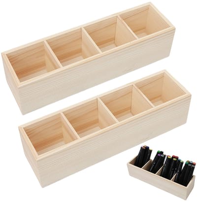 2 stuks houten pennenhouders: pennenhouder hout met 4 vakken, praktische penhouder, organizer voor pennen, potloden en scharen voor kantoor en thuis, milieuvriendelijk ontwerp