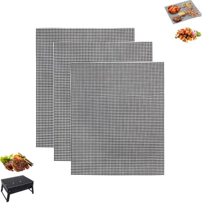 3 stuks - BBQ-grillmat - Antiaanbak BBQ-mat - Herbruikbare grillmat - Gemakkelijk schoon te maken mesh-mat - 30 cm x 40 cm BBQ-grillmat - Op maat te knippen barbecuemat - Geschikt voor gas-, houtskool- en elektrische grills (zwart)