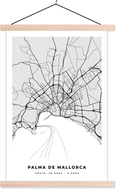 Posterhanger incl. Poster 40x60 cm - Schoolplaat - Mallorca - Stadskaart - Zwart Wit - Plattegrond - Kaart - Textielposter - Blanke latten - Stadskaart