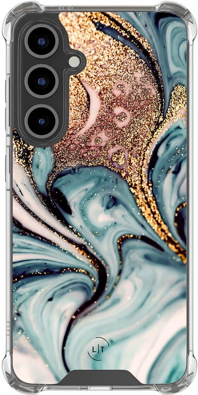 Shockproof hoesje - Geschikt voor Samsung Galaxy S24 FE - Marmer blauw goud - Extra sterke case - TPU/polycarbonaat - Marmer - Blauw, Goud, Transparant