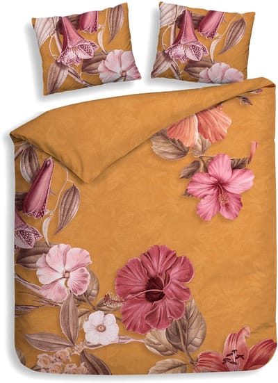 Heckettlane Dekbedovertrek Malu - Dekbed met instopstrook - Oranje - Dekbedovertrek van 100% Katoen-Satijn - Bloemen - 240x200-220 cm + 2 slopen 60/70 cm