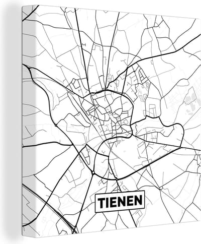 Canvas Schilderij Stadskaart – Zwart Wit - Kaart – Tienen – België – Plattegrond - 20x20 cm - Wanddecoratie
