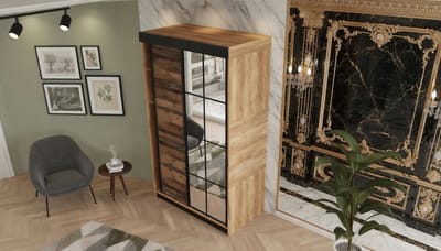 Kledingkast met Schuifdeuren en Spiegel Casa Velluto Lamaro Elegance – Moderne Garderobe voor Slaapkamer en Hal – Wardrobe 167x205x59 cm – Eikenhout Artisanat Gold & Old Style – Opbergkast met Laden en Planken