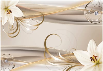 Fotobehangkoning - Behang - Vliesbehang - Fotobehang - Lelies en gouden spiralen - 400 x 280 cm