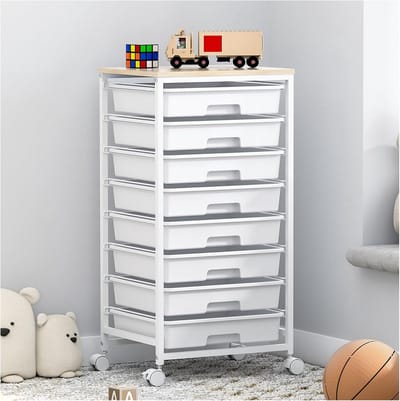 Opbergwagen met 8 Laden - Multifunctionele Organizer op Vergrendelbare Wielen voor Woonkamer, Slaapkamer en School