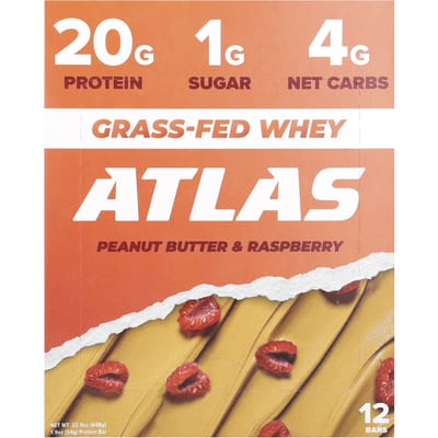 Barres Atlas, Barres Protéinées de Whey de Vache Nourrie à l'Herbe, Beurre de Cacahuète & Framboise, 12 Barres, 1,9 oz (54 grammes) Chaque