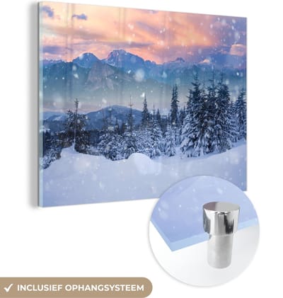 MuchoWow® Glasschilderij 40x30 cm - Schilderij acrylglas - Sneeuw - Lucht - Bos - Winter - Foto op glas - Schilderijen