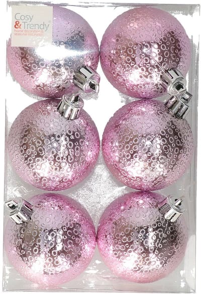 Cosy & Trendy cirkel motief kerstballen - roze - Dia 6 cm - kunststof - Kerstboomversiering