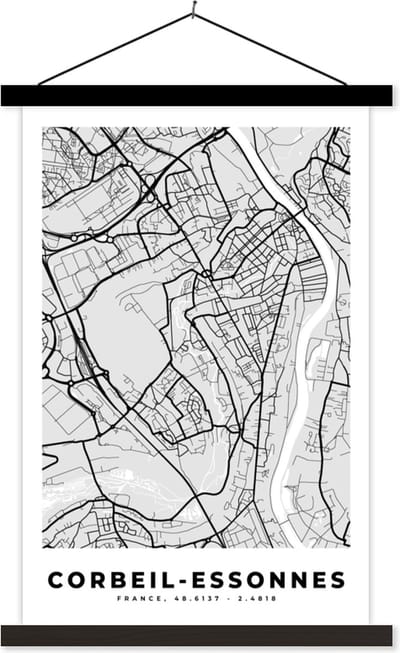 Posterhanger incl. Poster 40x60 cm - Schoolplaat - Corbeil-Essonnes - Plattegrond - Frankrijk - Kaart - Stadskaart - Textielposter - Zwarte latten - Stadskaart