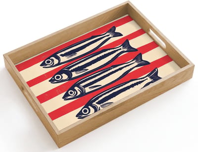Dienblad hout 40x30 cm - Schootdienblad - Sardines - Rood en beige strepen - Borrelplank rechthoek - Plateau dienbladen
