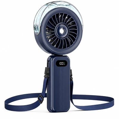 Handventilator met waterverneveling - Krachtige mini ventilator oplaadbaar via USB - Draagbare handventilator met 4000 mAh accu en 5 snelheden - Kleine inklapbare USB ventilator voor reizen, festival en kantoor - Donkerblauw