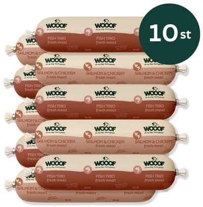 WOOOF Vis worsten pakket - Vers Vis Vlees Natvoer - Houdbare worsten hondenvoer - Zalm worst en Vis mix - 10x 800gram