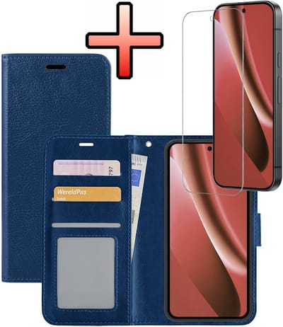 Hoesje - Met Screenprotector - Geschikt voor Google Pixel 10a - Luxe Pasjeshouder - Bookcase Portemonee - Flip Case - Kunstleer Book Case - Flipcase - Book Cover - Walletcase - Portemonneehoes - Donkerblauw