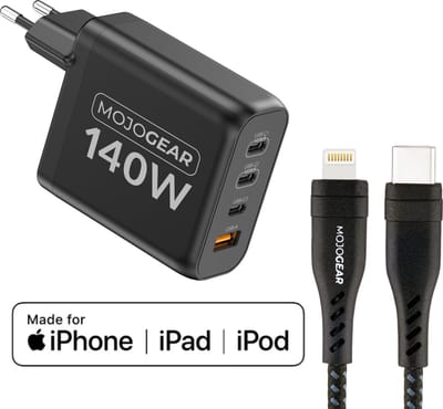 MOJOGEAR CHARGE+ 140 Watt oplader met USB-C naar Lightning kabel 1,5 meter - Oplader voor laptop, smartphone en tablet — 3x USB-C / 1x USB-A - Zwart