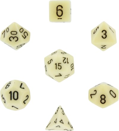 Chessex Opaque Ivoor Zwart Polydice Dobbelsteen Set 7 stuks.
