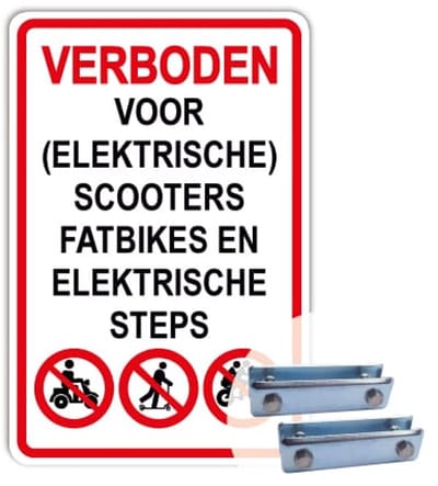 Bord Verboden voor scooters, fatbikes en steps - Weerbestendig Aluminium - 40x60 cm - Bevestiging: Met hekbeugels (voor spijlen- of gaashek)