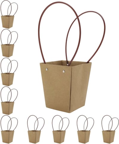 10 stuks bloemenzakken met handvat, boeketzakken voor bloemist, geschenkverpakking voor verjaardag, Moederdag en bruiloft, 13 x 9,5 x 15 cm, geelbruin, ideaal voor bloemen en cadeaus