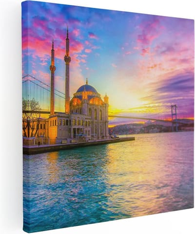 Artaza Canvas Schilderij Istanbul - 30x30 cm - Klein - Muurdecoratie Islamitisch - Wanddecoratie Zonsondergang - Kamer Accessoires