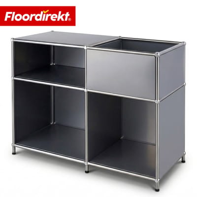 FLOORDIREKT Metalen Rek Concept Epure MK-030 - Staand rek met 3 planken & opbergvak - Sideboard & opbergrek van metaal - 88 x 40 x 65 cm - Grijs - Voor woonkamer, kantoor & hal - Stevig en veelzijdig - Verkrijgbaar in verschillende kleuren
