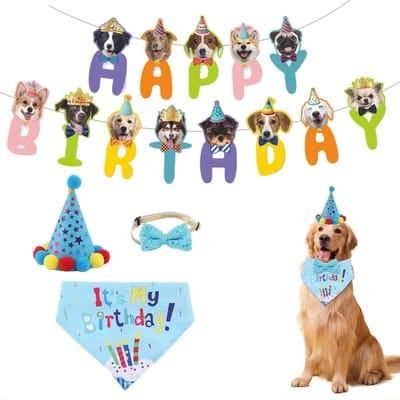 Dailygoods- Verjaardagsfeestaccessoires voor Honden - Bandana - Hoed - Stropdas - Banner - Geschikt voor Honden tot 51 cm Halsomtrek - Hondenverjaardag