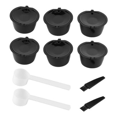 Dailygoods- Koffiecapsules Herbruikbaar - Koffiecapsulefilters - Koffiefilterhouder - RVS 304 - PP Kunststof - Set van 6 met Lepel/Borstel - Koffiefilters