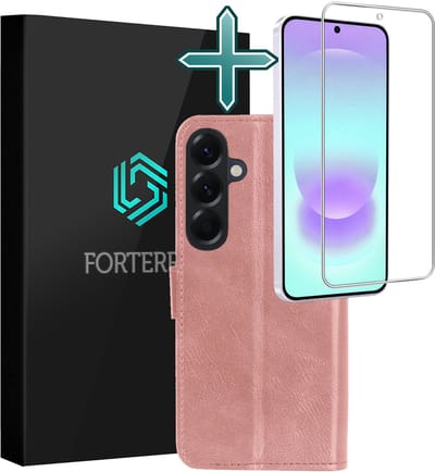 Hoesje Met Screenprotector - Geschikt voor Samsung Galaxy A37 - Luxe Pasjeshouder - Flipcase - Bookcase Portemonee - Flip Case - Kunstleer Book Case - Book Cover - Walletcase - Portemonneehoes - Rosé goud