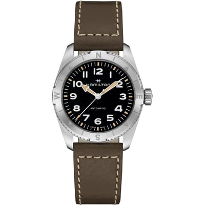 Hamilton Khaki Field Expedition leren band zwarte wijzerplaat automatisch H70225830 100M herenhorloge zwart